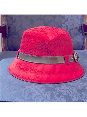 Coach Red Women's Bucket Hat with Contrasting Brown Band